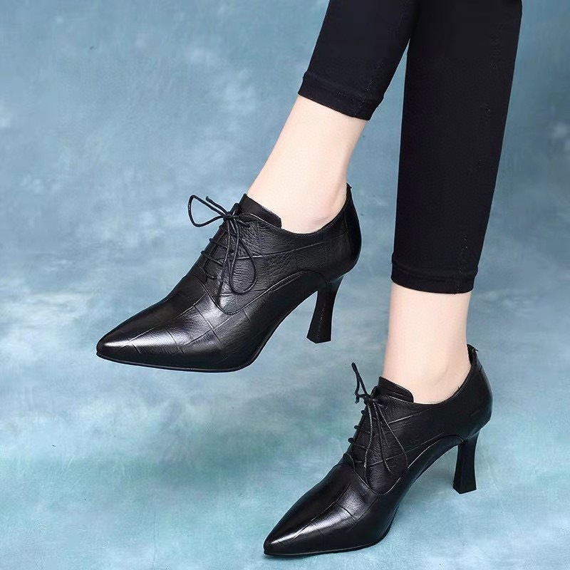 Picture of Women's Shoes 2024 Spring New Deep Mouth Single Shoes Embossed Plaid Leather Pointed Toe Fashion British Style High Heel Ankle Boots