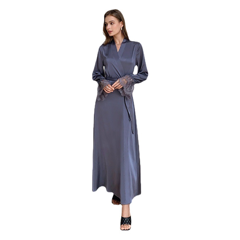 Yaoting Satin Chiffon Sexy Pajamas for Women Summer Thin Lace Splicing French Elegant Backless Long Nightgown 2701