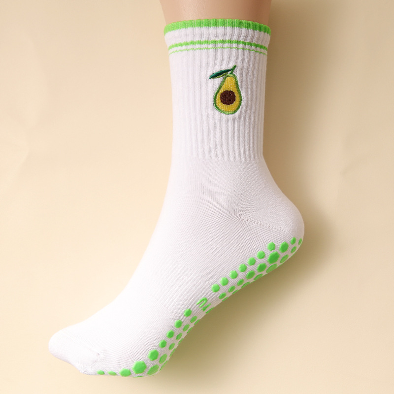 Socks Women's Mid-Calf Socks Dispensing Anti-Slip Professional Sports Socks Embroidered Avocado Cotton Socks Fitness Training Pilates Socks