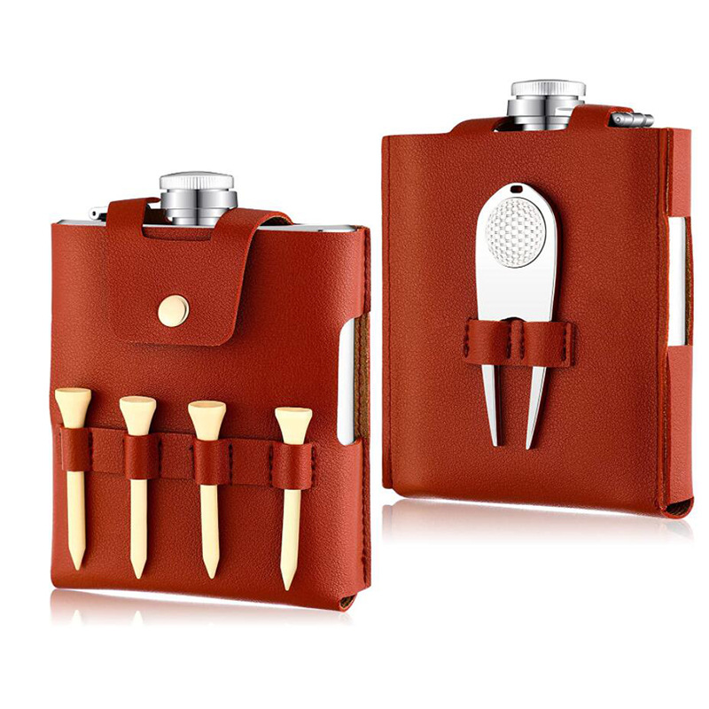 Golf flask leather case wine bottle leather bag tool waist bag outdoor flat hip flask storage bag