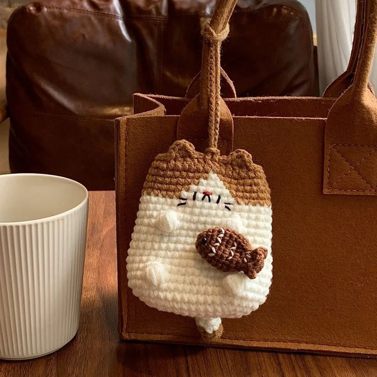 Cat coin purse, card case, headphone bag, woolen crochet DIY material bag, knitted gift, hand-woven by yourself