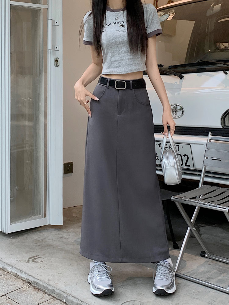 Split A- line Suit Skirt Women's Summer New High Waist Black Slim Hip Skirt Mid-length Gray Skirt