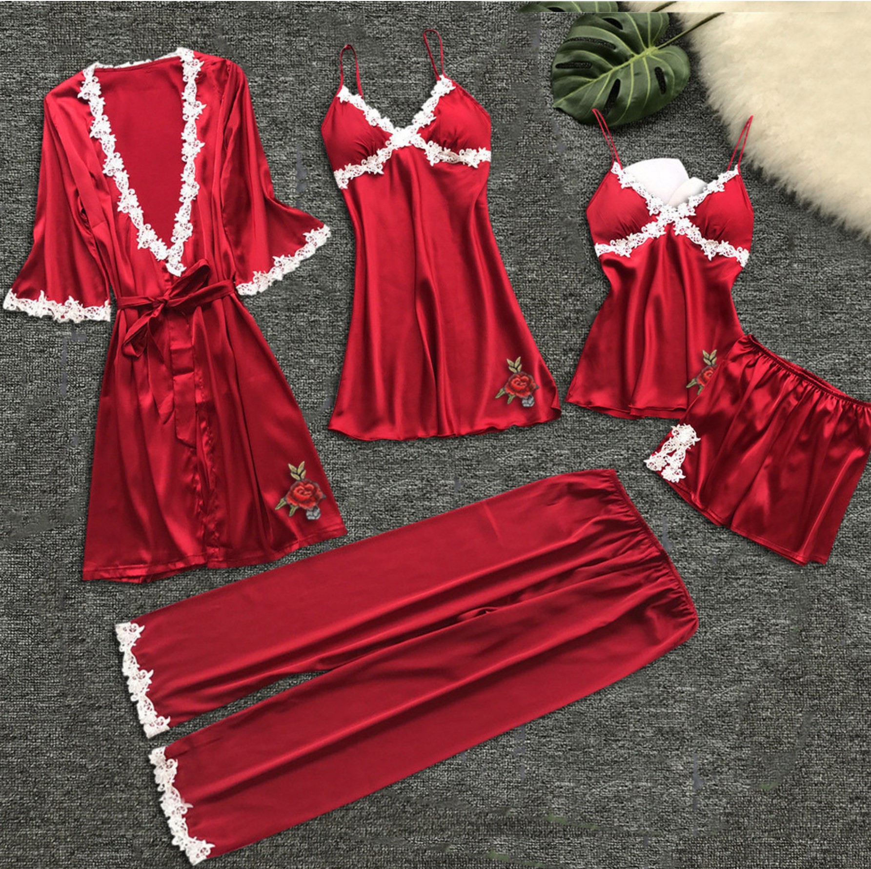 Foreign Trade Europe and America Sexy Five-Piece Pajamas Women's Summer Mid-Sleeve Bridal Morning Gown Large Size Home Clothes Nightgown Bathrobe for Hair