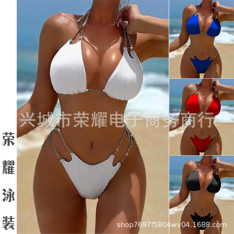 2024 Europe and the United States new foreign trade cross-border Amazon chain bikini sexy solid color split swimsuit pin button swimsuit