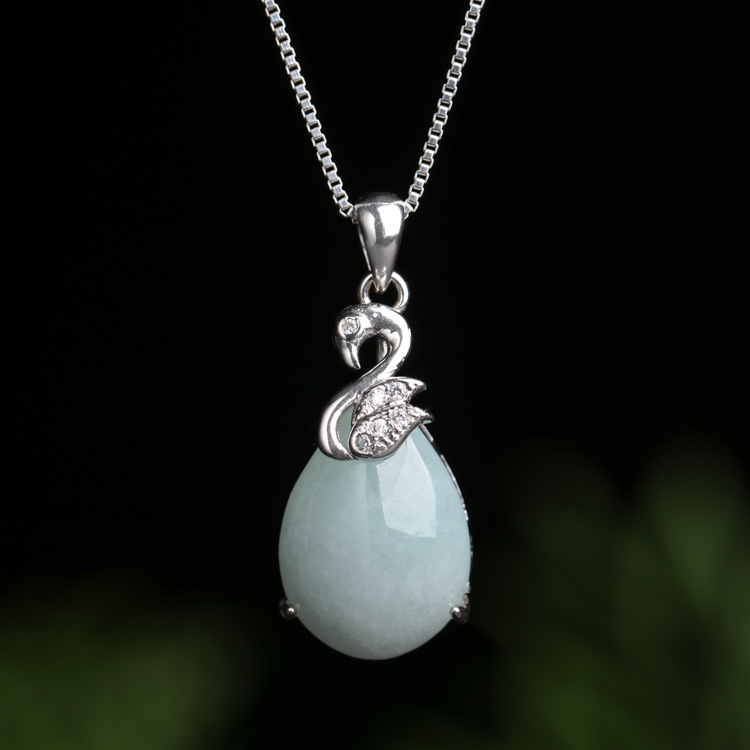 Myanmar Jadeite Water Drop Pendant Natural Waxy Jade Inlaid with S925 Sterling Silver Swan Necklace Women's Simple Clavicle Chain