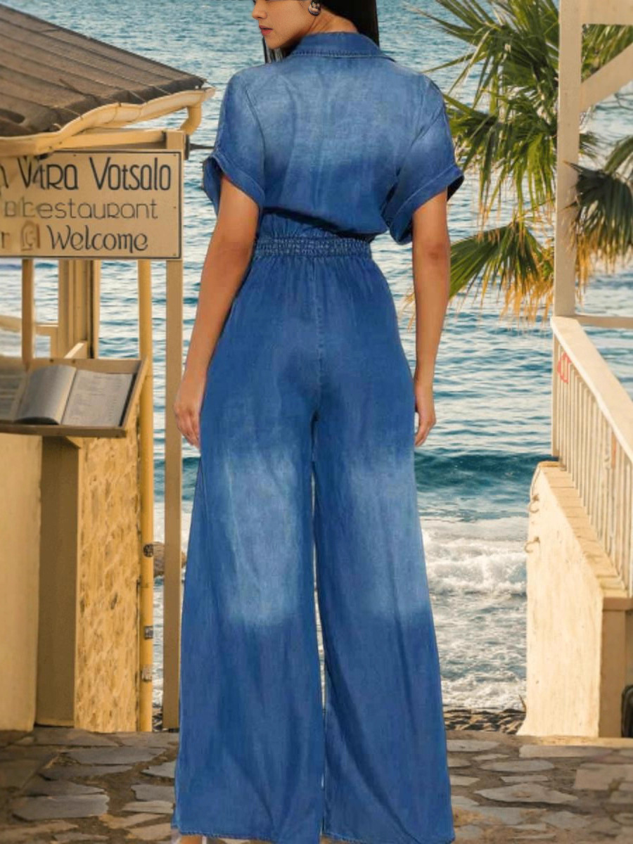 Picture of Cross-Border Foreign Trade Summer 2025 New Women's Denim Jumpsuit Women's Lapel Waist Floor-Length Wide-Leg Jumpsuit