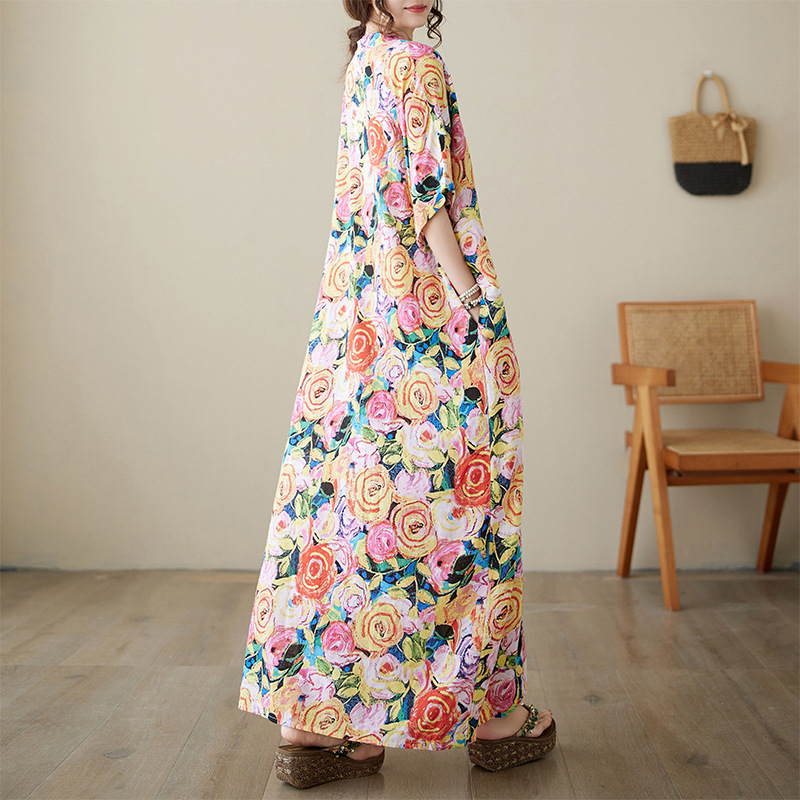 Picture of 2024 New Vintage Printed V-Neck Large Size Dress for Chubby Girls New Fashion All-match Artistic Large-length Dress for Women