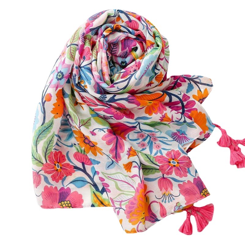 Early Spring Bright Color Creative Colorful Flower Cotton Linen Hand Herringbone Pattern Beach Towel Long Hanging Tassel Shawl Women