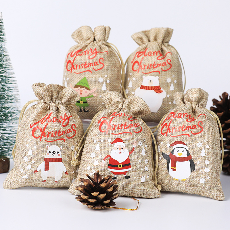 New Christmas linen bag cartoon Christmas pattern drawstring drawstring pocket Christmas gift packaging storage dustproof cloth bag