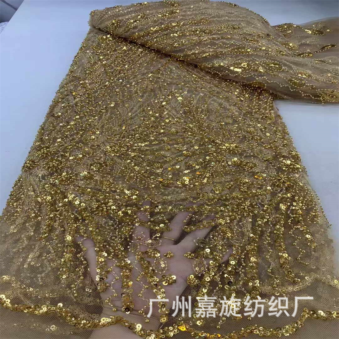 Golden Beads Sequins Mesh Fabric African Big Flower Bridal Dress Wedding Dress Beaded Lace Fabric Beaded