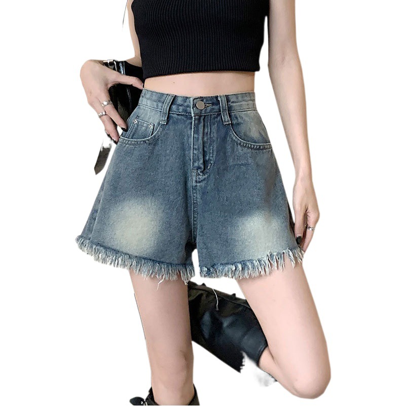 Frayed Denim shorts women's ins summer design casual wide leg high waist Internet celebrity retro A- line straight hot pants