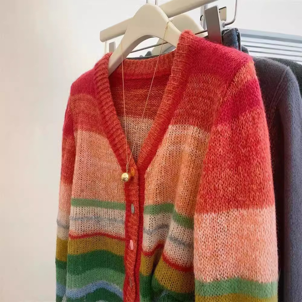 Picture of Rainbow Contrast Color V-neck Sweater Women's Autumn and Winter High-end Sense Super Good-looking Cardigan Jacket Candy Color Sweater Top Trendy