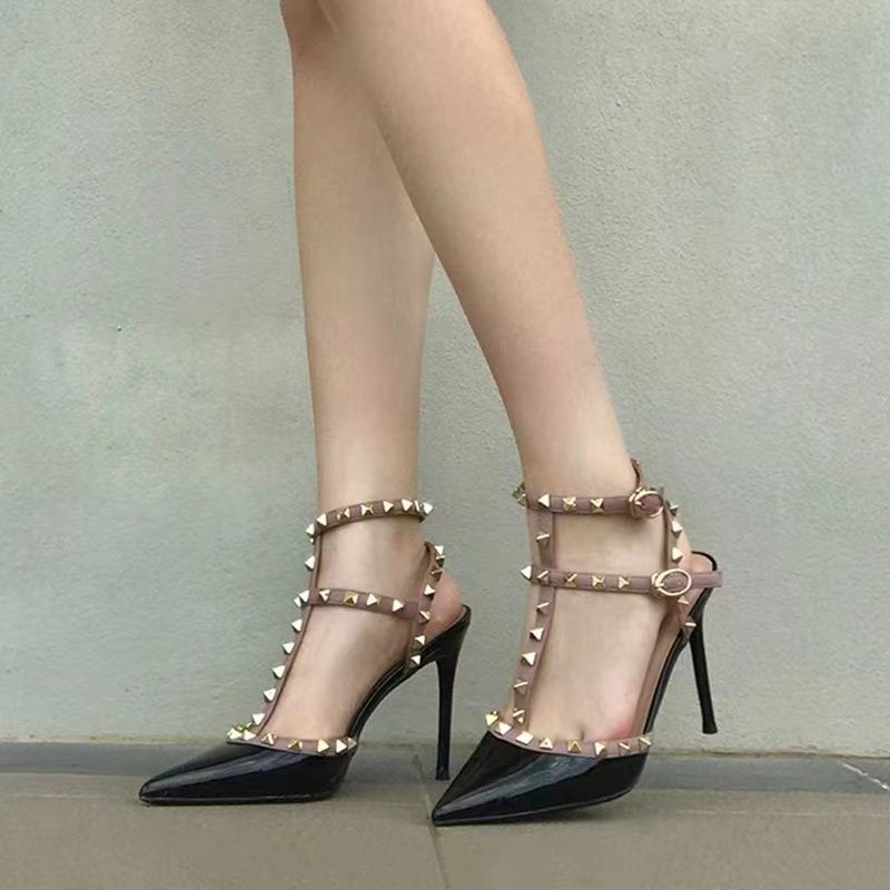 High Heels Women's Large Size French Pointed Shoes 2024 New Rivet Shoes Pure Want Strap Three-Ring Sandals for Women
