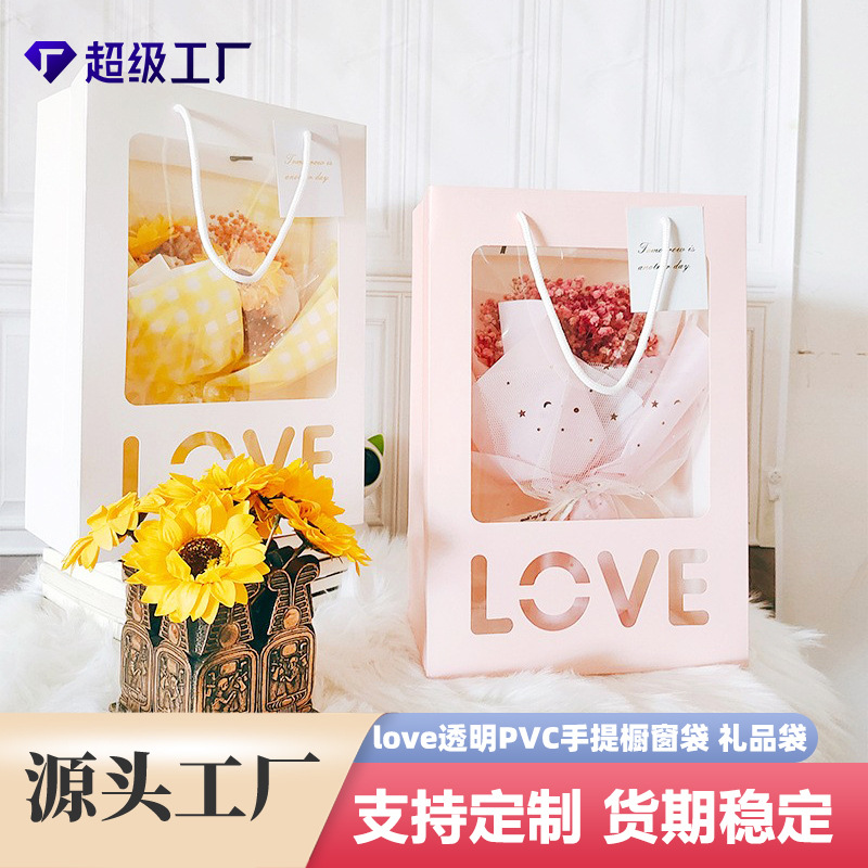 Custom packing bag flower tote bag love window bag pvc window opening gift bag bouquet tote bag wholesale
