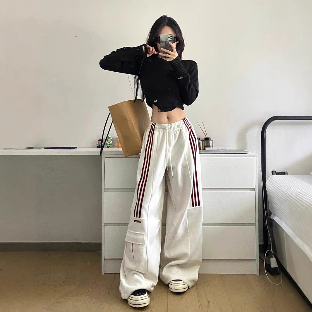 American Retro Hip-Hop Drawstring Wide-Leg Pants for Women High-Waisted Loose Casual Sports Straight-Leg Sweatpants Hip-Hop Floor-Length Pants Trendy