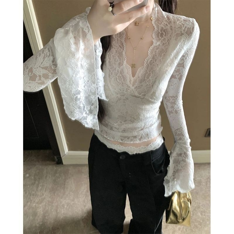 Autumn Design, New Pure Lust, Sexy Lace White Bottoming Short Tight-Fitting Long-Sleeved Top for Hot Girls to Wear Outside
