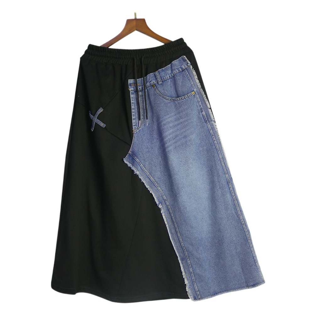 230915 American Fried Street Contrast Color Stitching Denim Sweatshirt Skirt Women's Autumn New Loose Western Style A- shaped Skirt