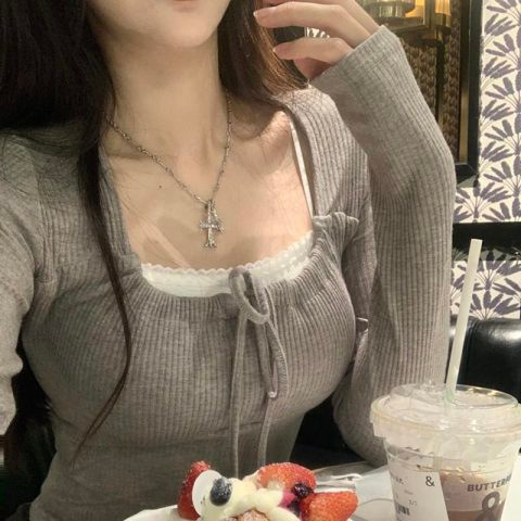 Pure Desire Multi-color Strap Slim-fit Sweet Spicy Spring New Style Inner Square Collar Slimming Spice Girls All-match Base Shirt Long-sleeved T-shirt