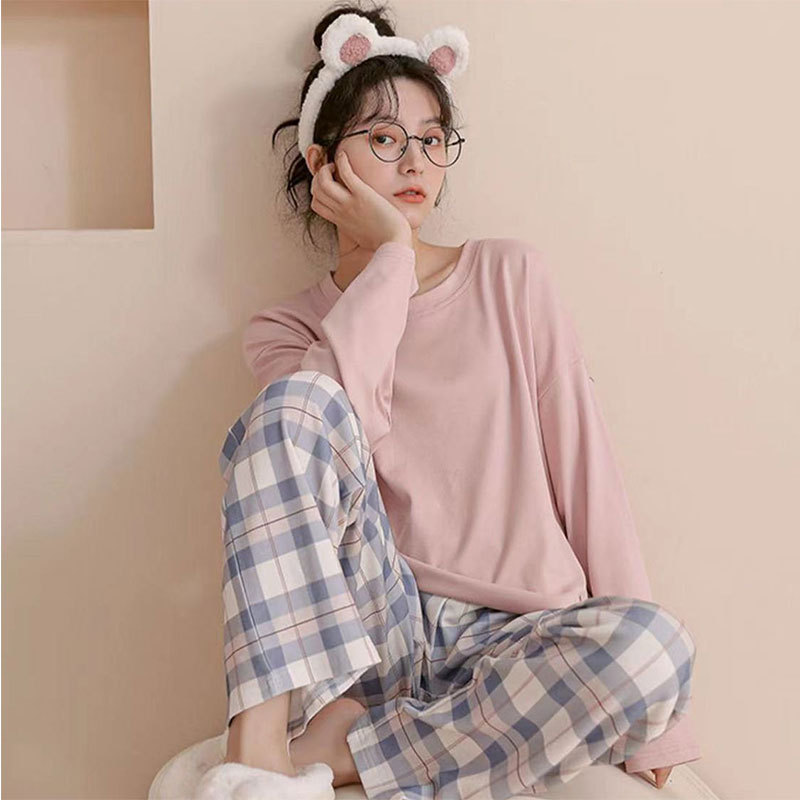 New Spring and Autumn pajamas women's long-sleeved plaid sweet home wear ins style student casual two-piece suit can be worn outside