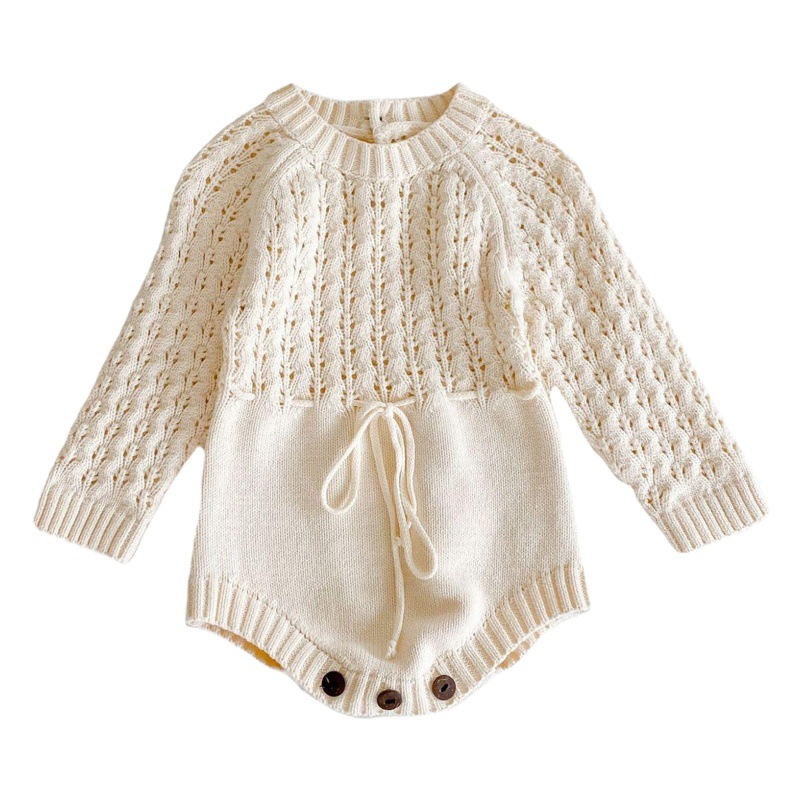 ins Spring and Autumn Clothes Baby Girl Baby Knitted Hollow-out Waist Long-sleeved Hatshirt Triangle Fart Jumpsuit Climbing Clothes