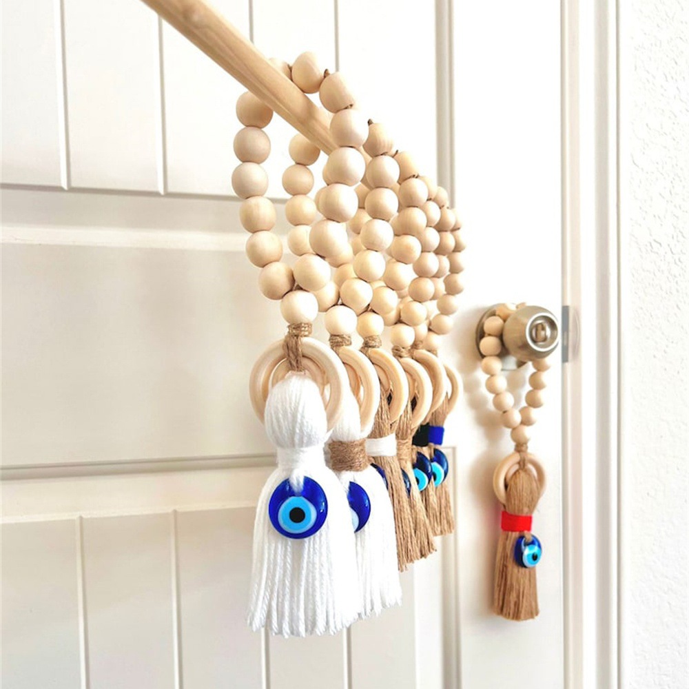 Custom wooden bead door handle pendant wool tassel car rearview mirror pendant blue eyes wall keychain decoration