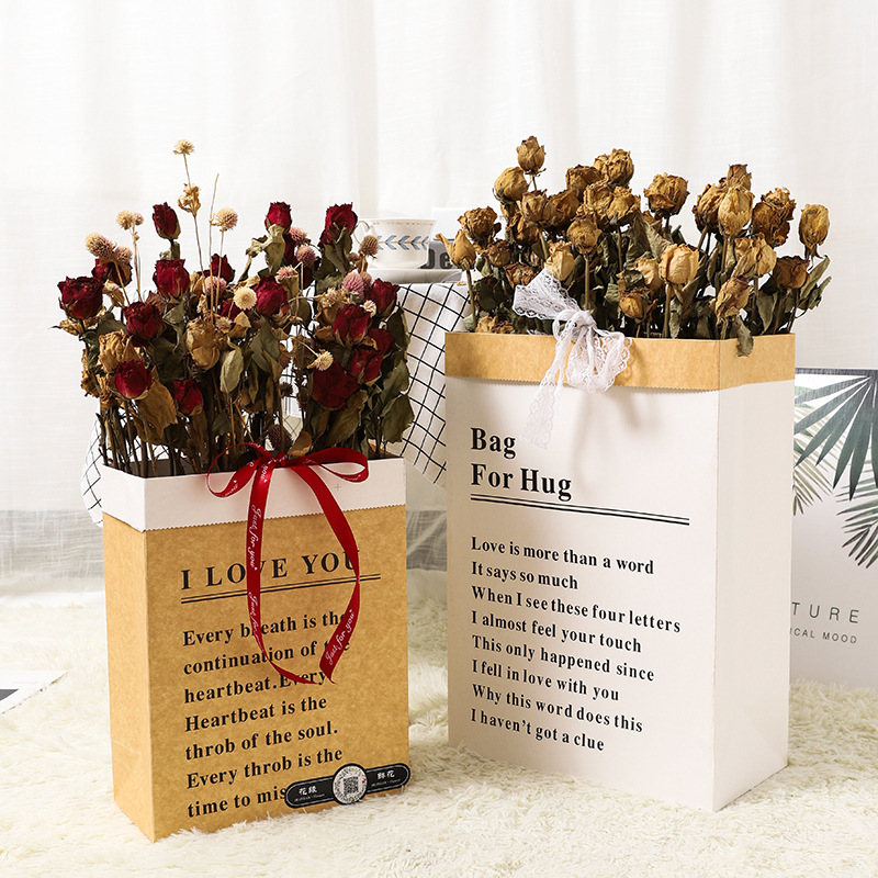 Picture of Flower packaging bag ins style bouquet bag rectangular gift bag kraft paper bag net red English hug bag wholesale