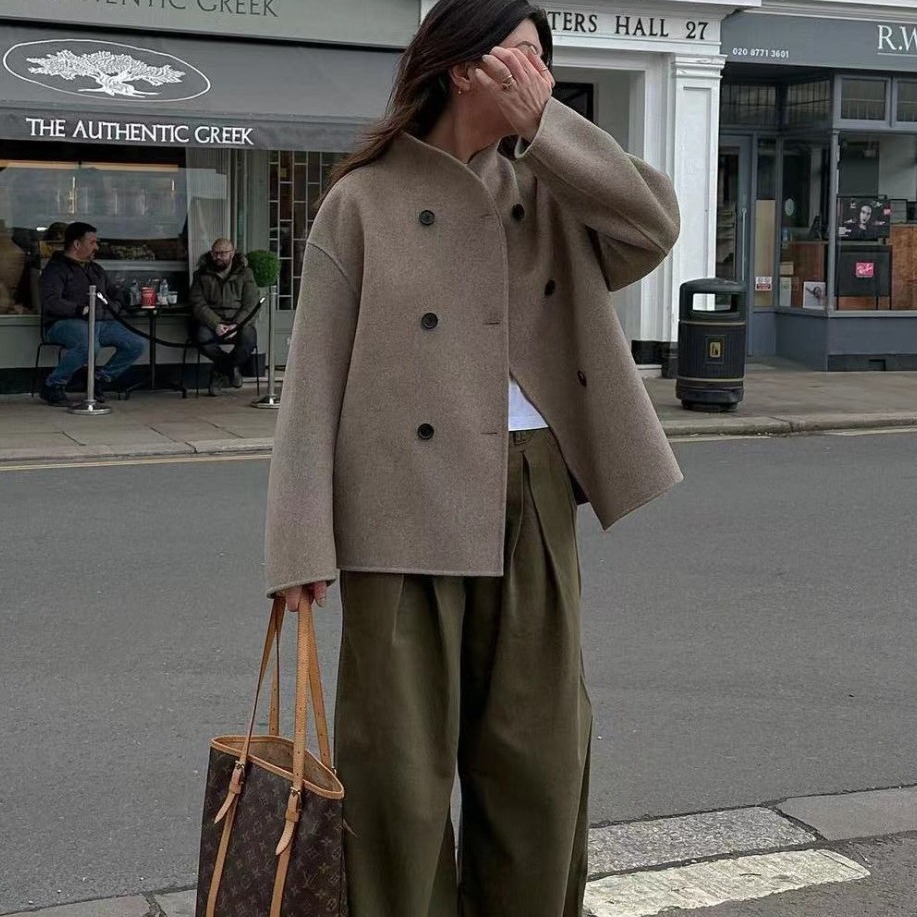 European and American Cross-border Foreign Trade Short Double-breasted Solid Color Woolen Coat Coat Casual Elegant British Style All-match Top