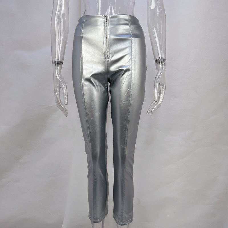 Picture of European and American Cross-Border Women's Clothing 2025 Autumn and Winter Hot Style Fashionable High Waist Hip Lifting Tight Slimming Look Pu Leather Pants Women's Pants Wholesale