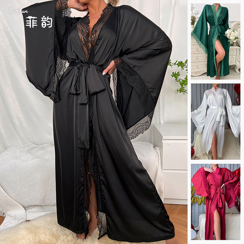 Picture of Fei Yun cross-border new satin pajamas women lace light luxury long sleeved cool feeling nightgown bathrobe home 336