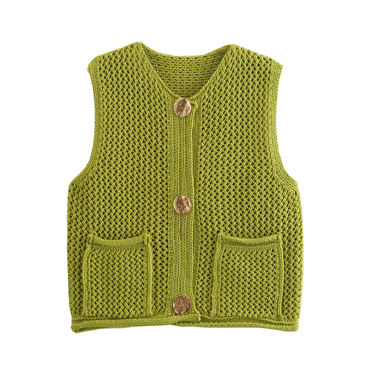 Picture of Women's Solid Color Fashion Hook Needle Hollow Single Breasted Vest 2024 Autumn and Winter New European and American Cross-border Wool Vest