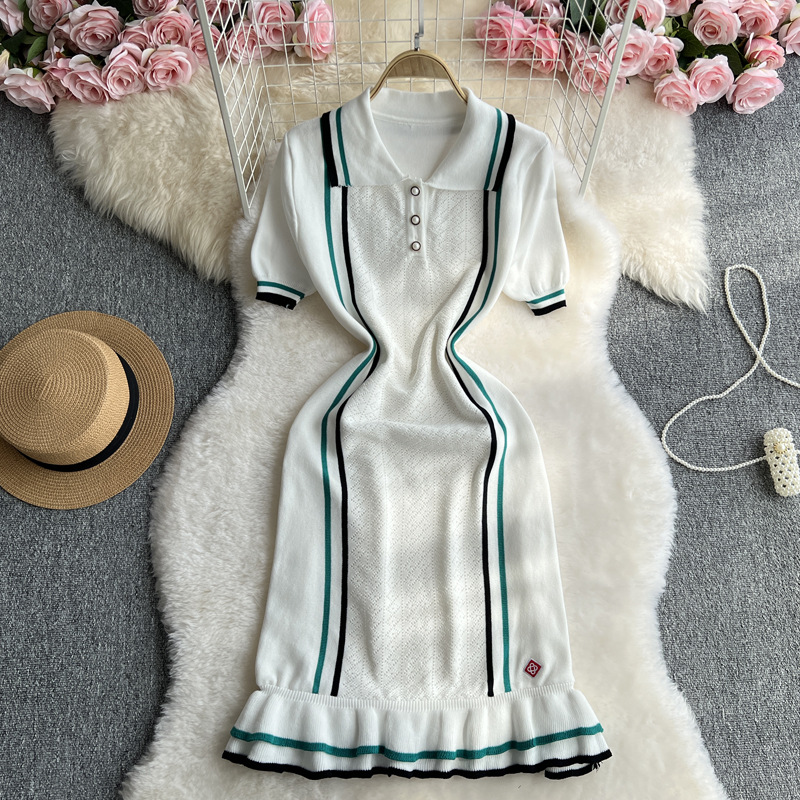 Xiaoxiangfeng Knitted Dress Women's Retro Lapel Contrasting Waist Slimming Ruffled Sweater Skirt