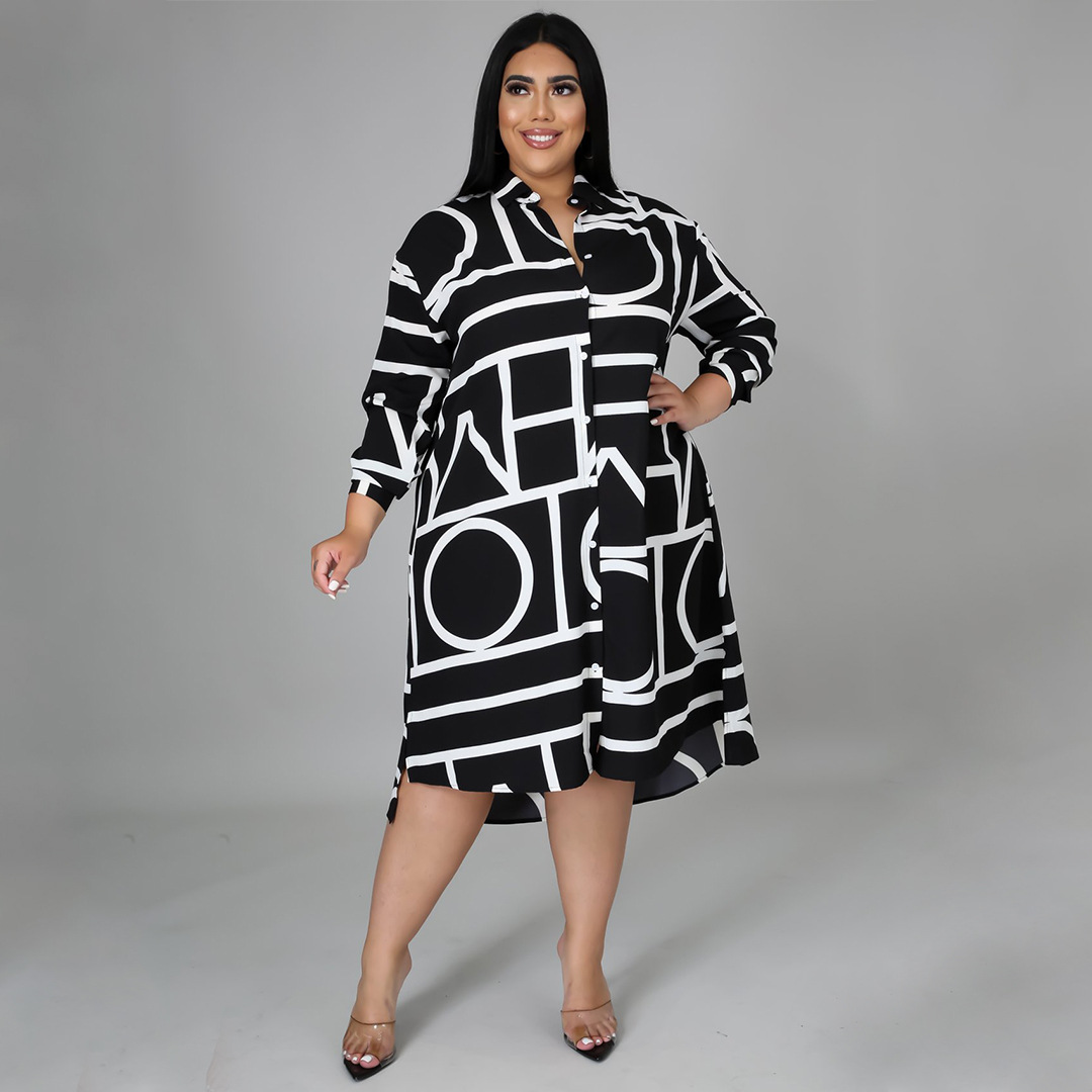 Picture of Amazon Explosions European and American Foreign Trade Cross-border Independent Station eBay Printing Pleated Waist Shirt plus size dress Women