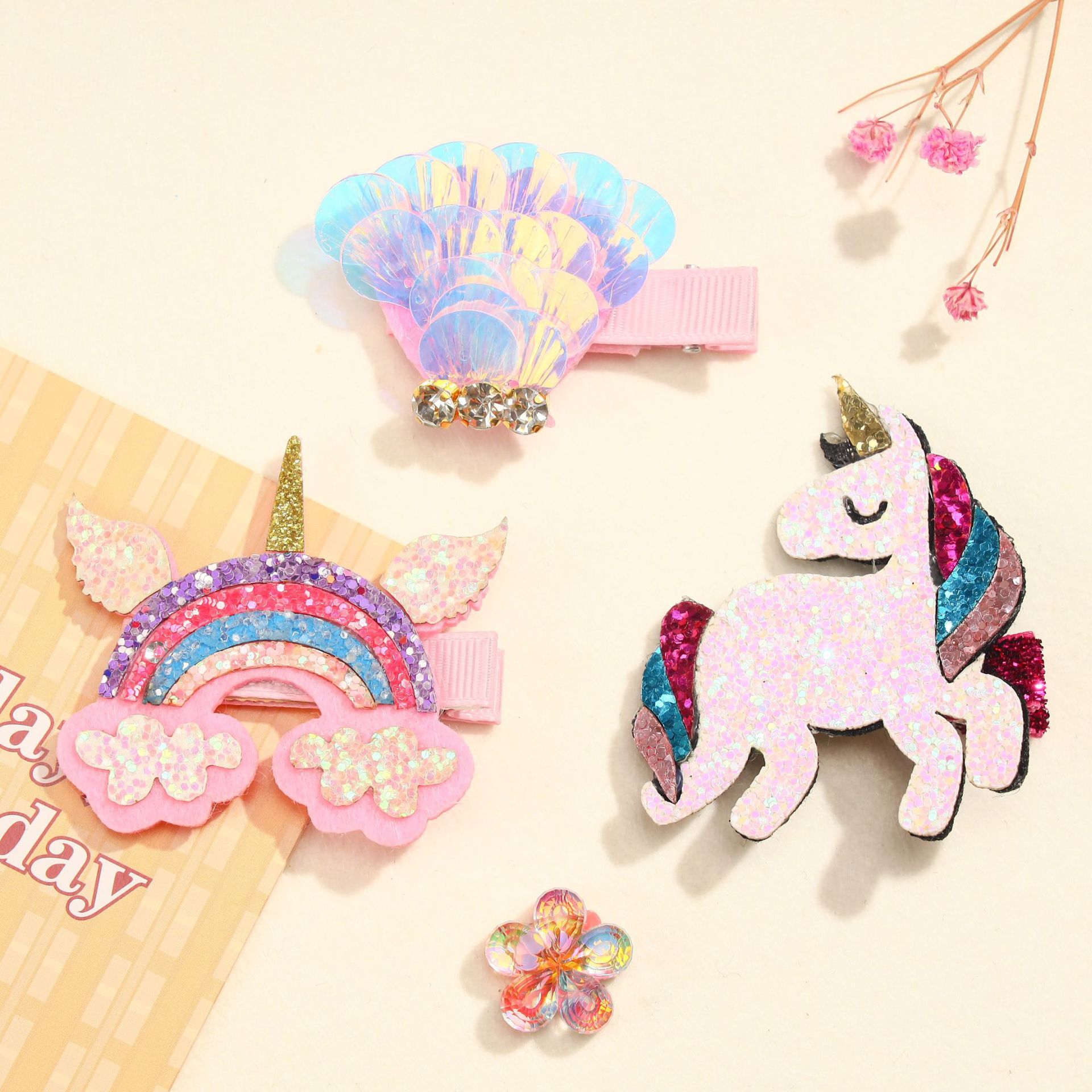Picture of New Korean style unicorn hair clip with diamond crown children's hair clip ins sequins shell girl headdress