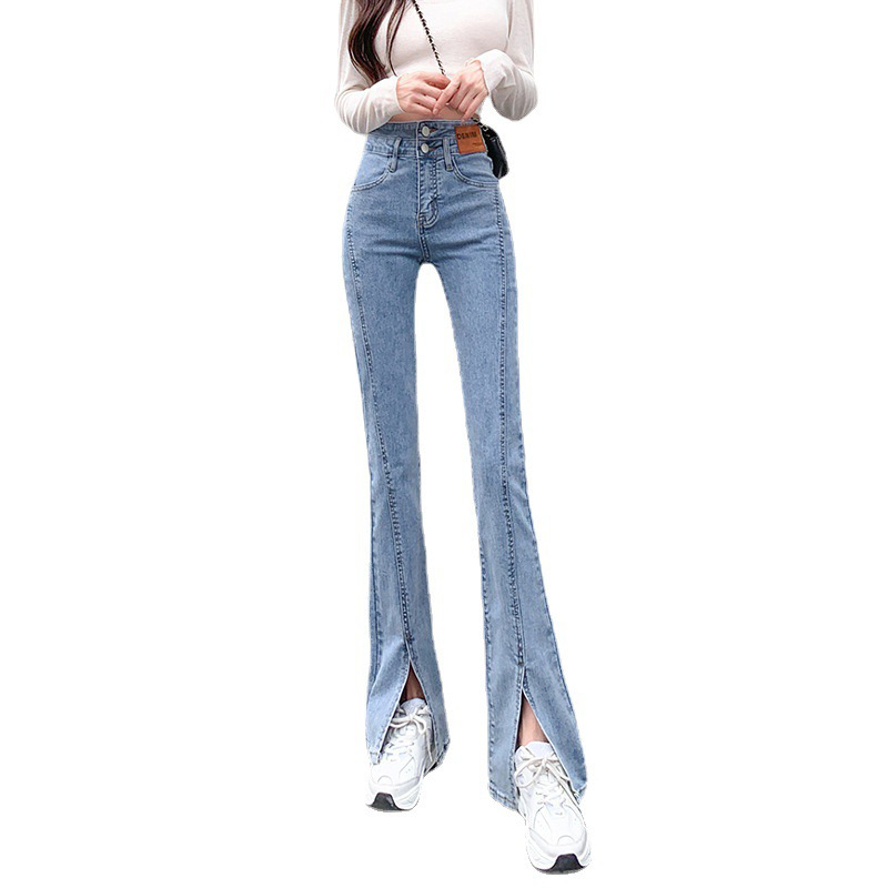 Picture of High waist stretch slim-fit split skinny jeans women's design new light-colored straight slimming flared mop pants