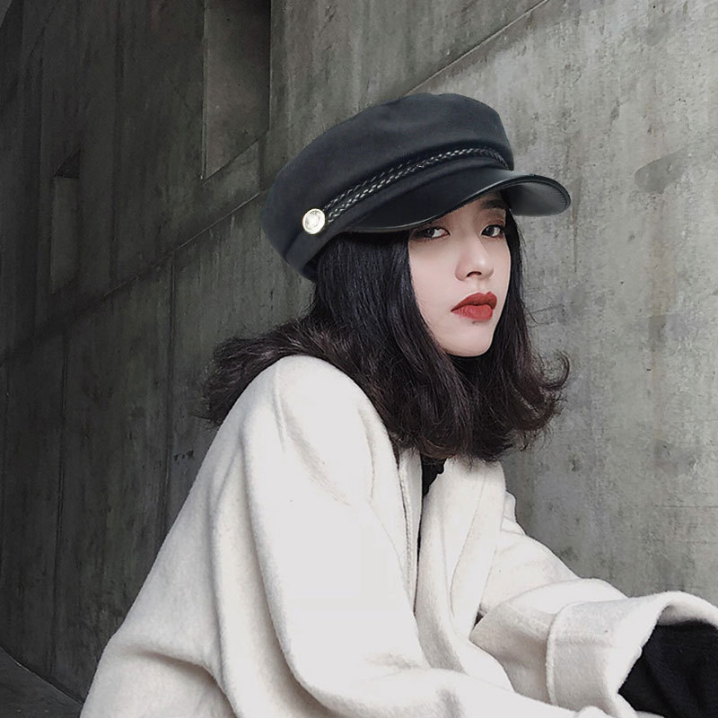 Picture of Korean Leather Beret Women's Autum Korean Style Student Cute Versatile Pu British Style Octagonal Hat Pumpkin Hat