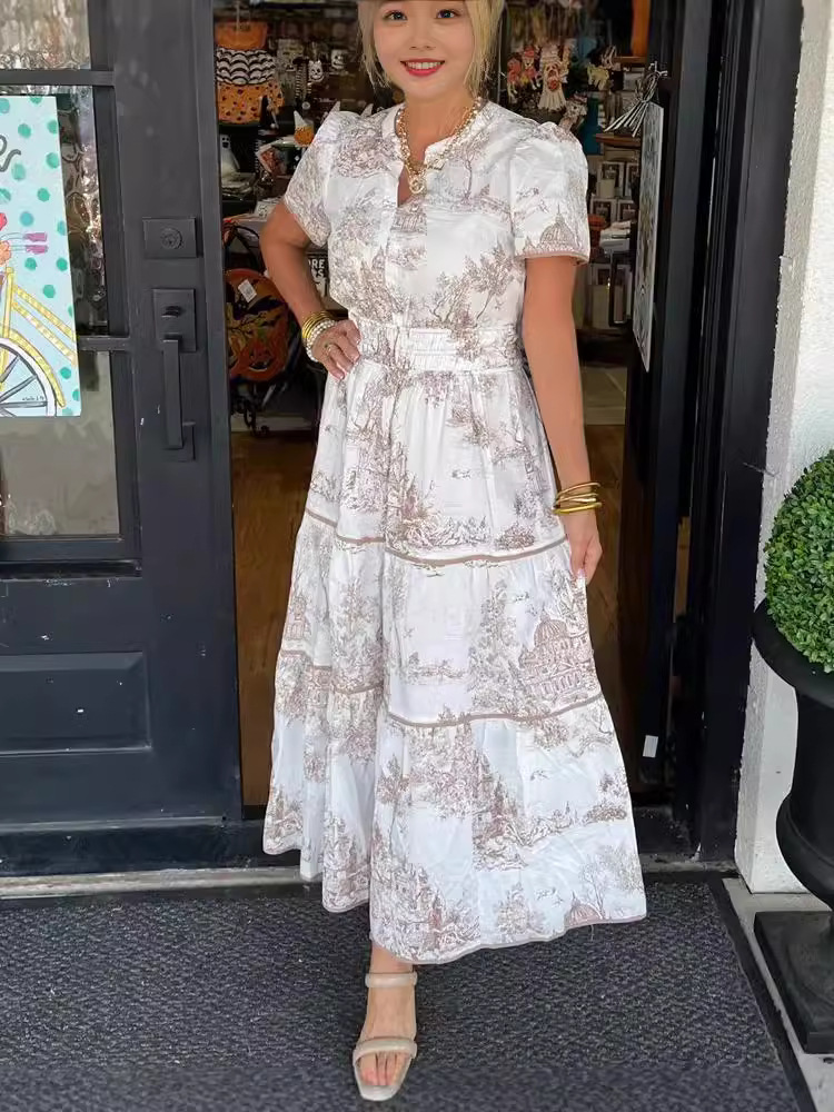Amazon Independent Station European and American Cross-Border Women's 2025 Spring and Summer New Retro Printed V Neck Short-Sleeved Dress Long Skirt