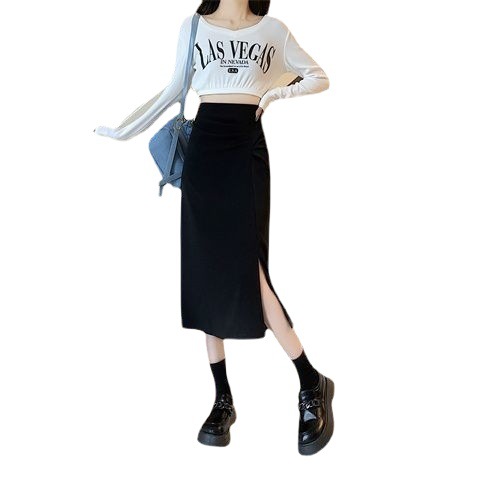 Picture of Summer Popular Large Size Chubby Girl Black Skirt Women's High Waist Slimming Mid-length Pleated Split A- Line Hip Skirt