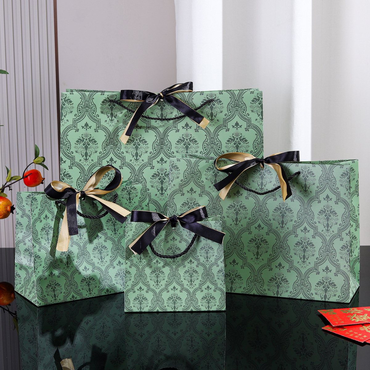 Cross-border Green Annual Meeting Gift Bag Accompanying Gift Packaging Bag Light Luxury Clothing Bag Candy Storage Paper Bag with Ribbon