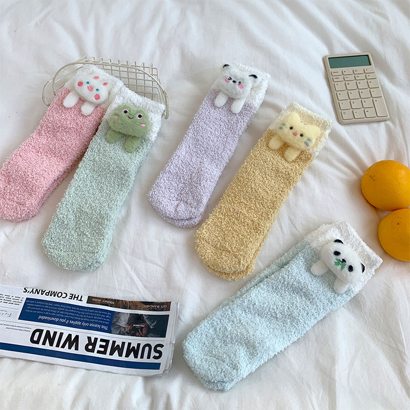 Picture of Cute Coral Fleece Socks Women's Three-dimensional Cartoon Doll Winter fleece-lined Thickened Warm Postpartum Home Sleep Socks