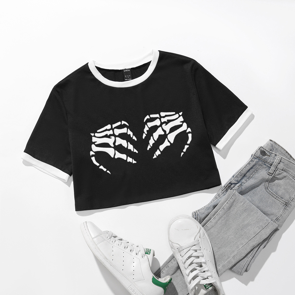 72019# Europe and the United States cross-border e-commerce trend T-shirt women's spring and summer leisure vacation skeleton hand printed T-shirt tide