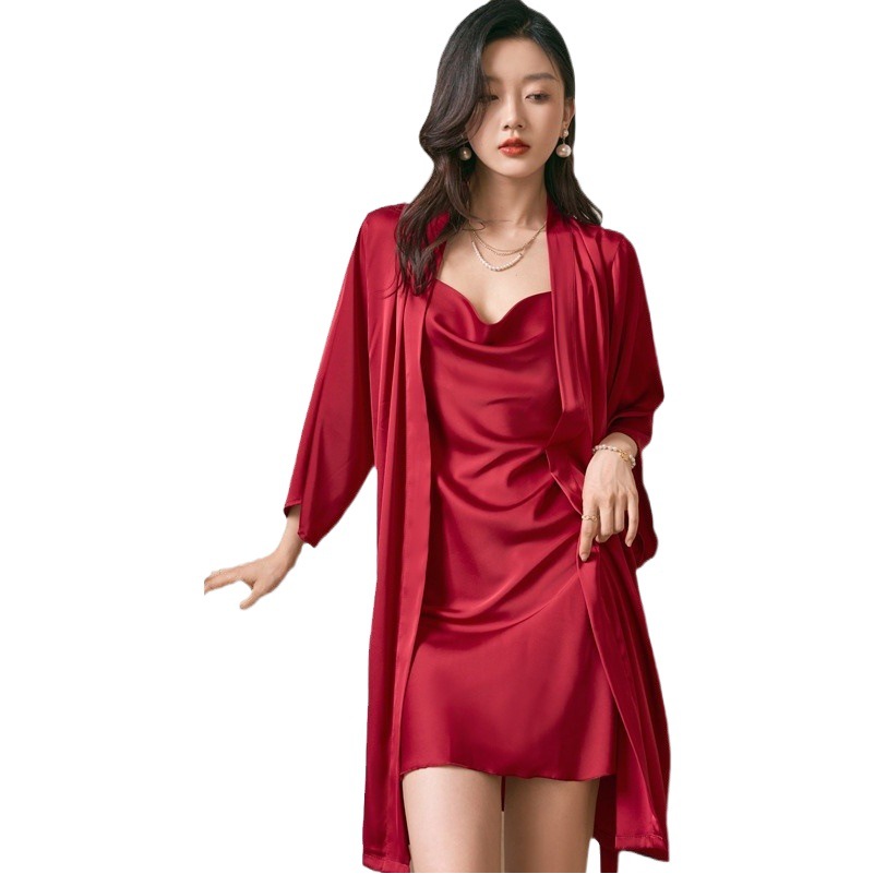 Spring and Summer Sexy Ice Silk Long-sleeved Nightgown Women's Two-piece Set Thin Pure Nightgown with Sling Nightgown High-end Nightgown