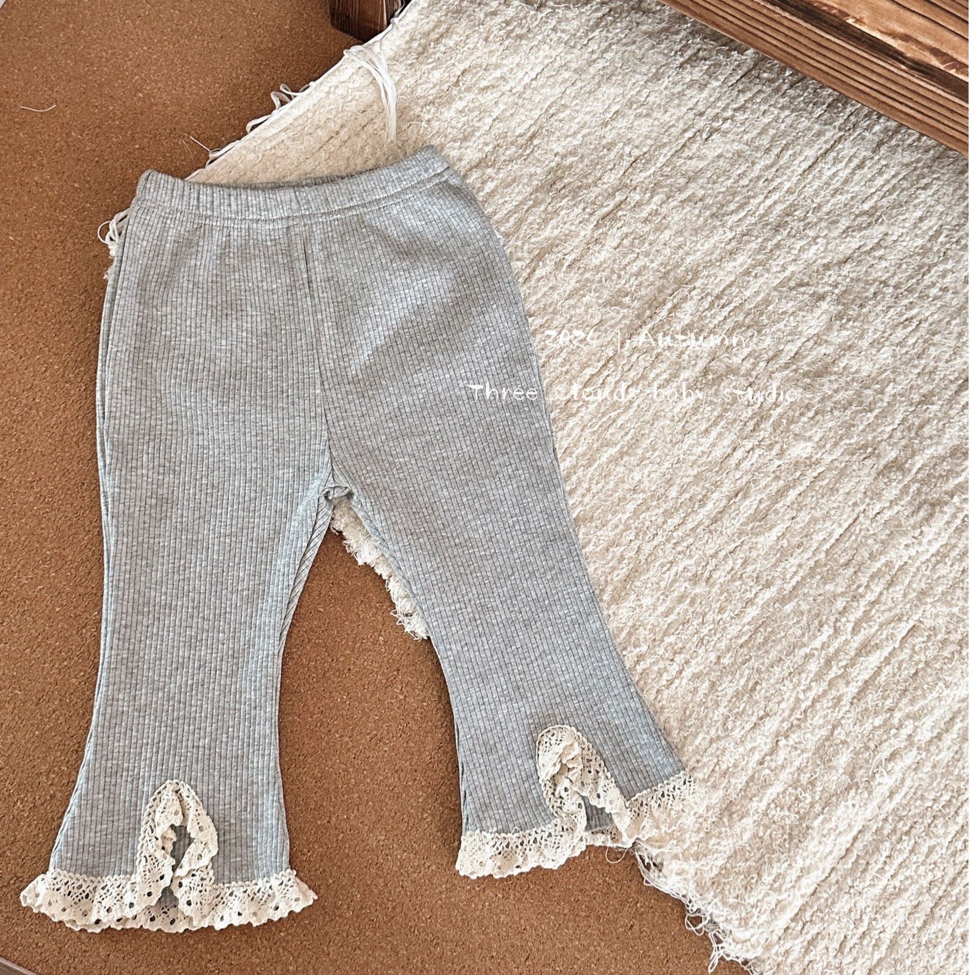 Picture of Infants and Young Children Early Autumn and Winter Baby Girl Korean Style Slightly Flared Lace Pants Elastic Pit Strips Versatile Pure Color Bell-Bottom Pants