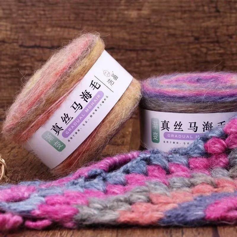 Cross-border dedicated gradient silk mohair wool hand-woven sweater hand dyed long section dyed rainbow mohair wool