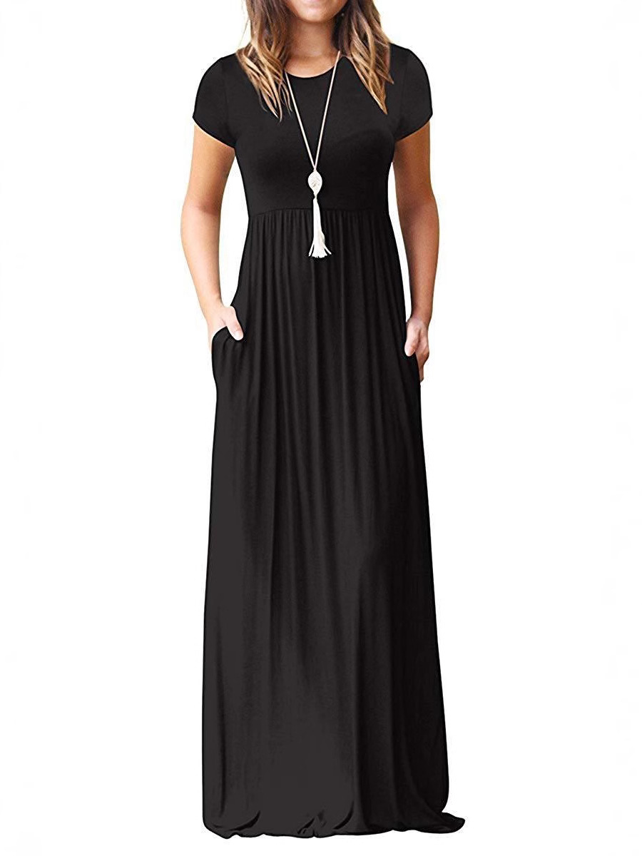 2025 New Amazon Cross-Border Spot Women's Clothing European and American Short-Sleeved Pure Color Maxi Dress Casual Long Skirt Flap Pocket Pants