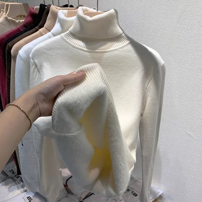 Picture of Foreign trade fleece-lined thick warm one-piece velvet top autumn and winter threaded high collar long sleeve T-shirt women's knitted base