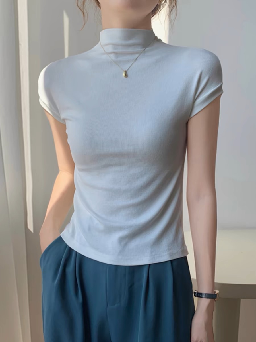 Picture of Korean Style Elegant Slim Mid-Collar Threaded Short-Sleeved T-Shirt for Women 2025 Spring and Summer Half Turtleneck White Bottoming Shirt Top Ins