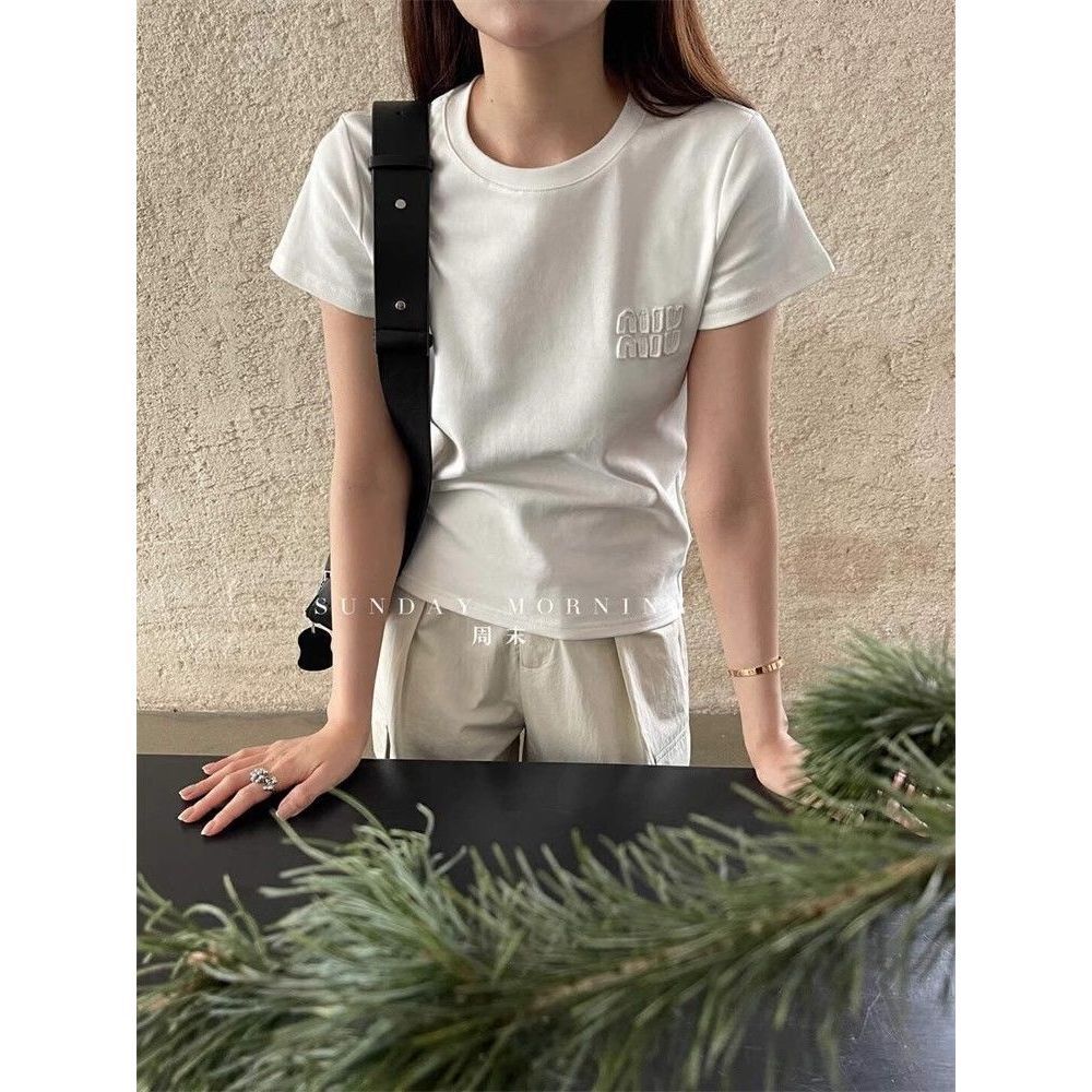 Summer Cotton Short-sleeved T-shirt Women's New Slim-fit Elastic Slim T-shirt Simple Letter Printed Top