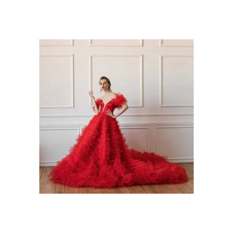 European and American fashion high waist double shoulder mesh three-dimensional pile pleated tail dress morning gown pregnant women photography wedding dress long dress