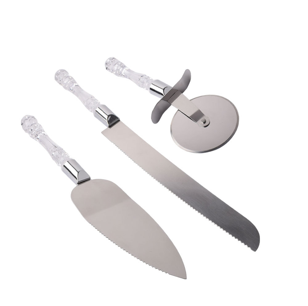 Picture of Transparent Crystal Handle Wedding Cake Knife Set Stainless Steel Roller Pizza Knife Bread Knife Spatula Baking Tool