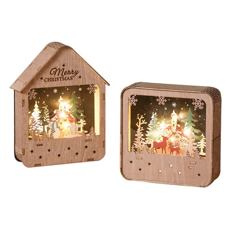 Hong Kong Love Santa Claus Cabin Luminous Wooden House Desktop Ornaments Painted Led Night Light Ornaments
